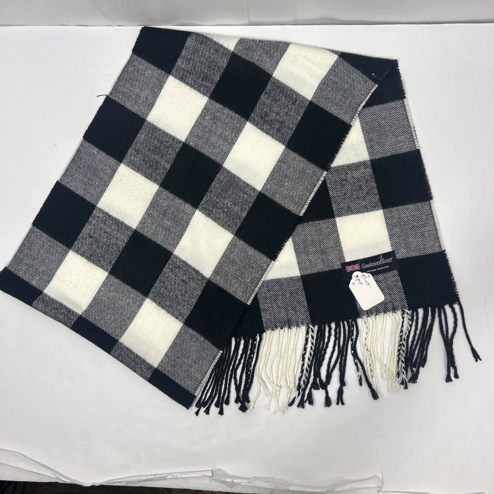 Cashmere Scarf Classic Buffalo Check Plaid Winter Fringe Wrap Black White 69X12"